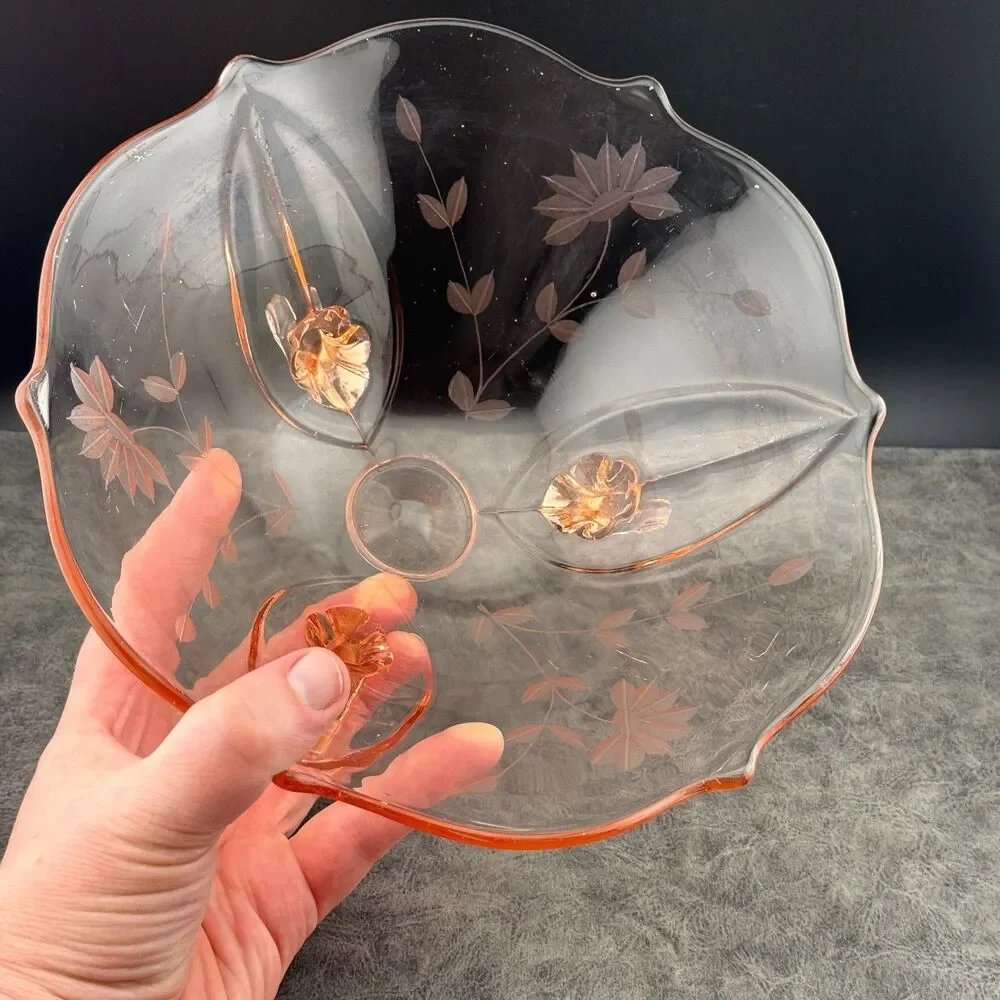 8.25 Footed Lancaster Jubilee Pink Depression Glass Floral Etched Bowl 1930s VTG